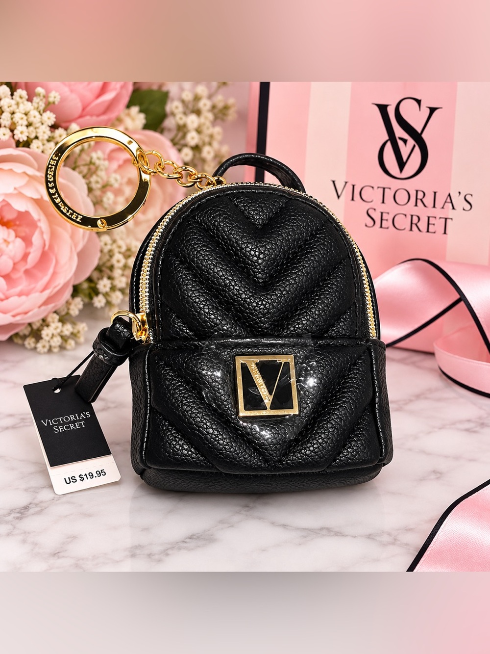 NWT Victoria’s Secret Black Mini Backpack Keychain Coin Purse Bag Charm
